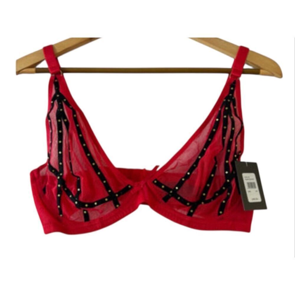 Frederick’s of Hollywood Roslyn Red Mesh Stud Bra 34DD New